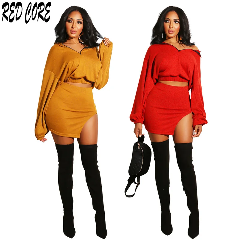 

REDCORE Plus Size Ladies Sets 2 Piece Set Women Sweatshirt Short Tops And Skirts Womens Long Sleeve Women Set Clothes XXL TZ036