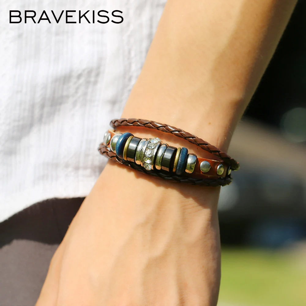 BRAVEKISS Leather Multi Layer Bracelet Charm Strand Adjustable