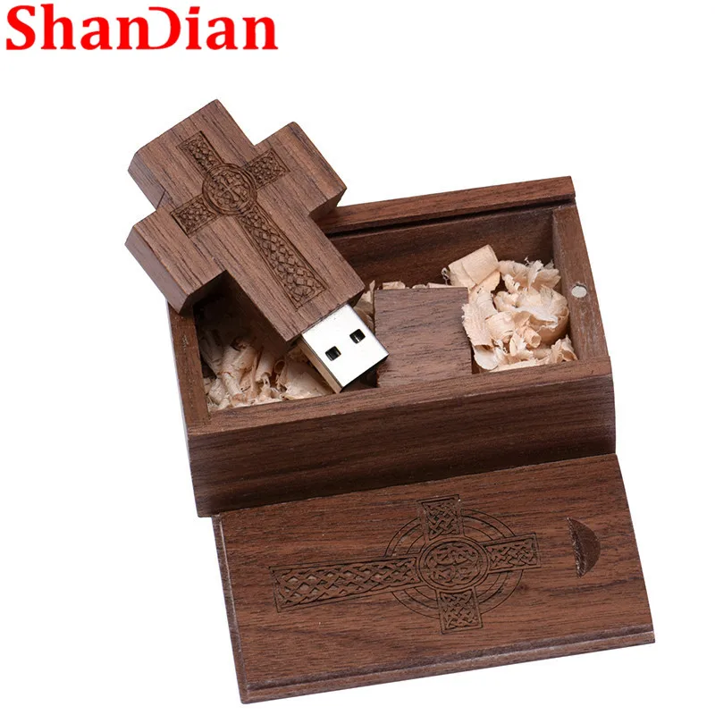 SHANDIAN логотип клиента usb накопитель в виде деревянного Креста + коробка USB флеш
