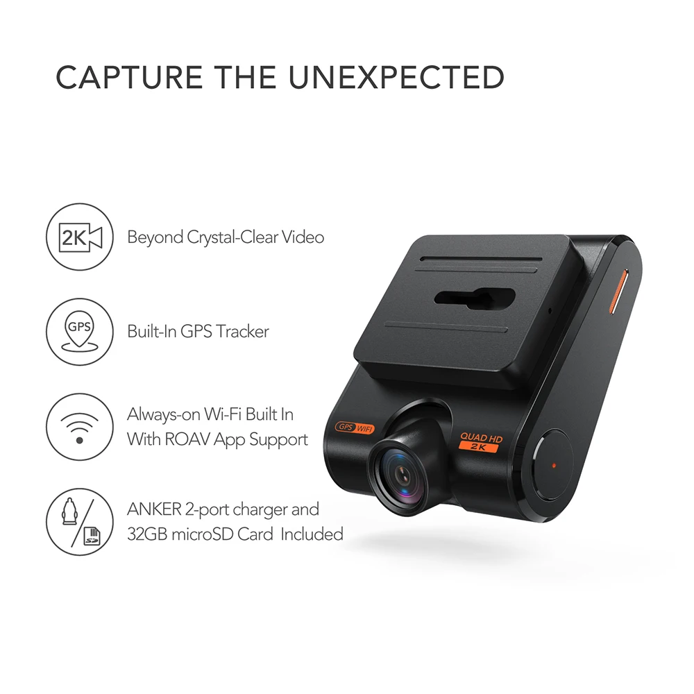 Roav по Anker Dash Cam C1 Pro 2K Разрешение Встроенный gps/Wi-Fi 2," ЖК-дисплей 4-канальная широкоугольный объектив для камер заднего вида G-Сенсор WDR(широкий динамический диапазон) петля Запись