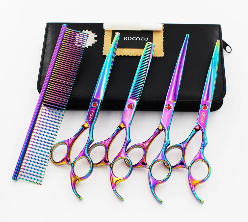 

4pcs/set Pet Grooming Scissors Set Professional Japan 440C Dog Shears Hair Cutting +Curved+ Thinning Scissors With Comb Bag