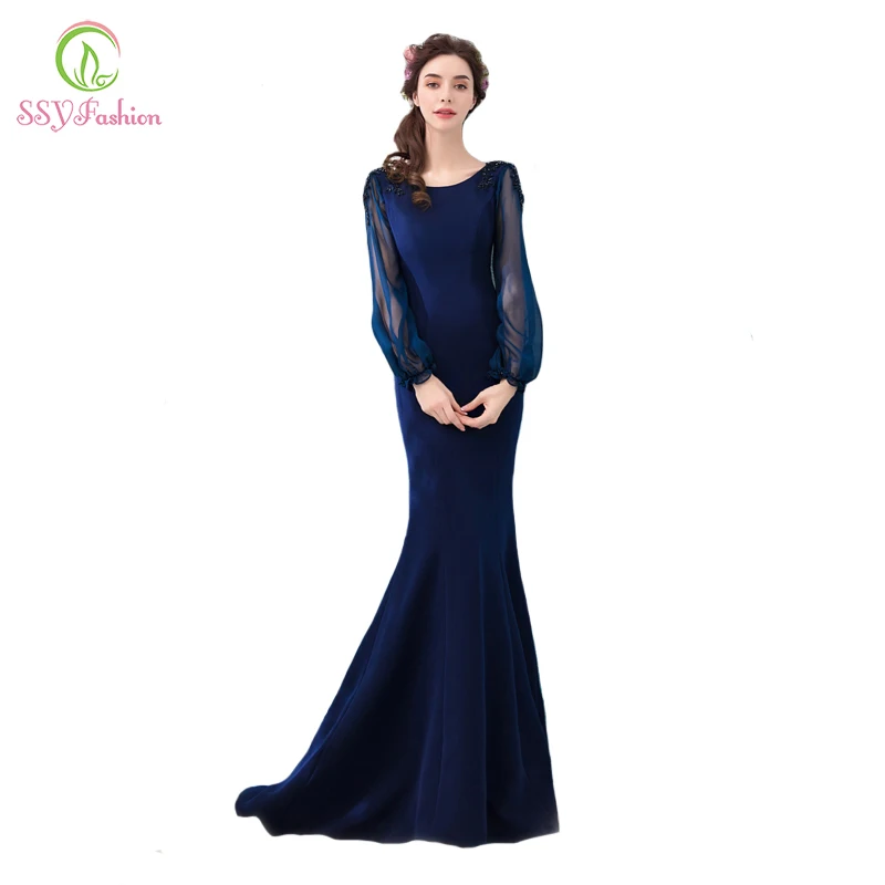 Ssyfashion Новый Русалка вечернее платье Сексуальная Фиштейл Длинные рукава Темно-синие Кружево Аппликации Длинные Пром вечерние платье халат