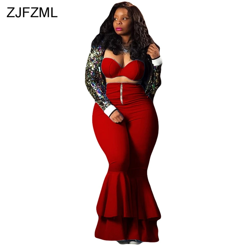 

ZJFZML Plus Size Sexy Two Piece Matching Set Women Strapless Off Shoulder Crop Top+Zipper Ruffles Bodycon Falre Long Pant Outfit