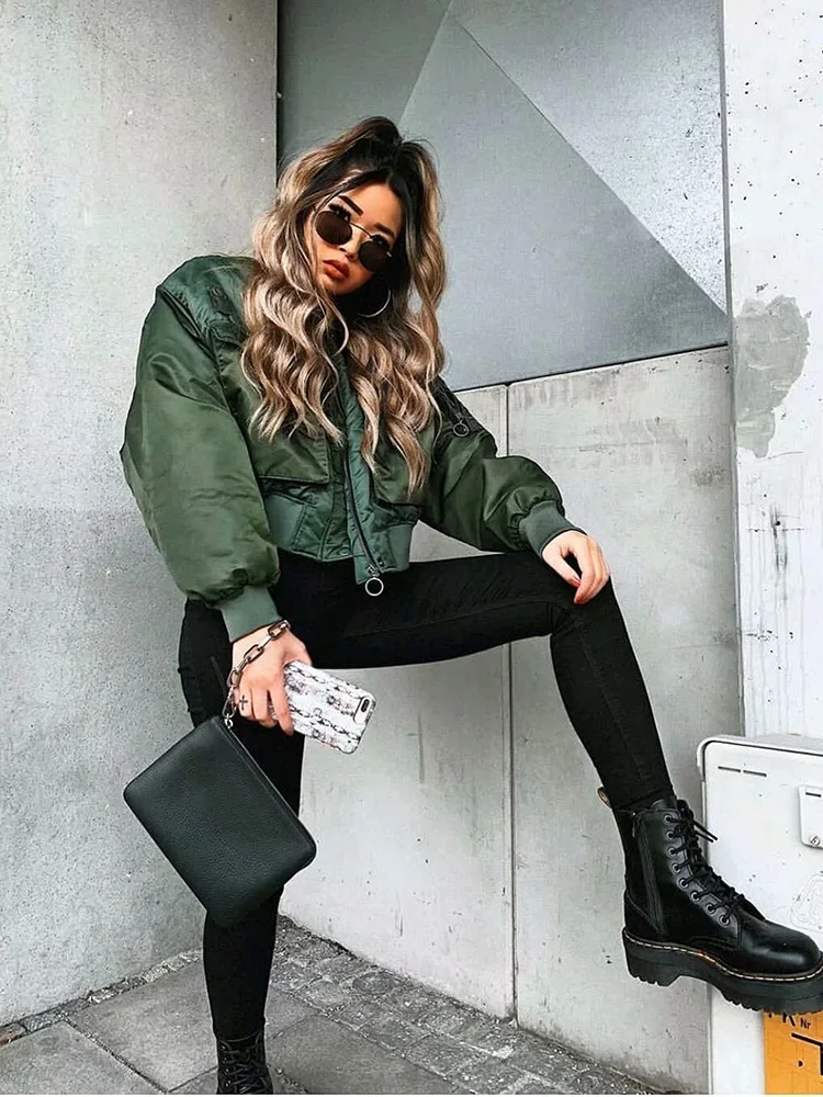 Fashion Za Vintage Women Chic Green Oversize Bomber Jacket Stylish Female Pockets Zippers Coat Casual Ladies Outerwear