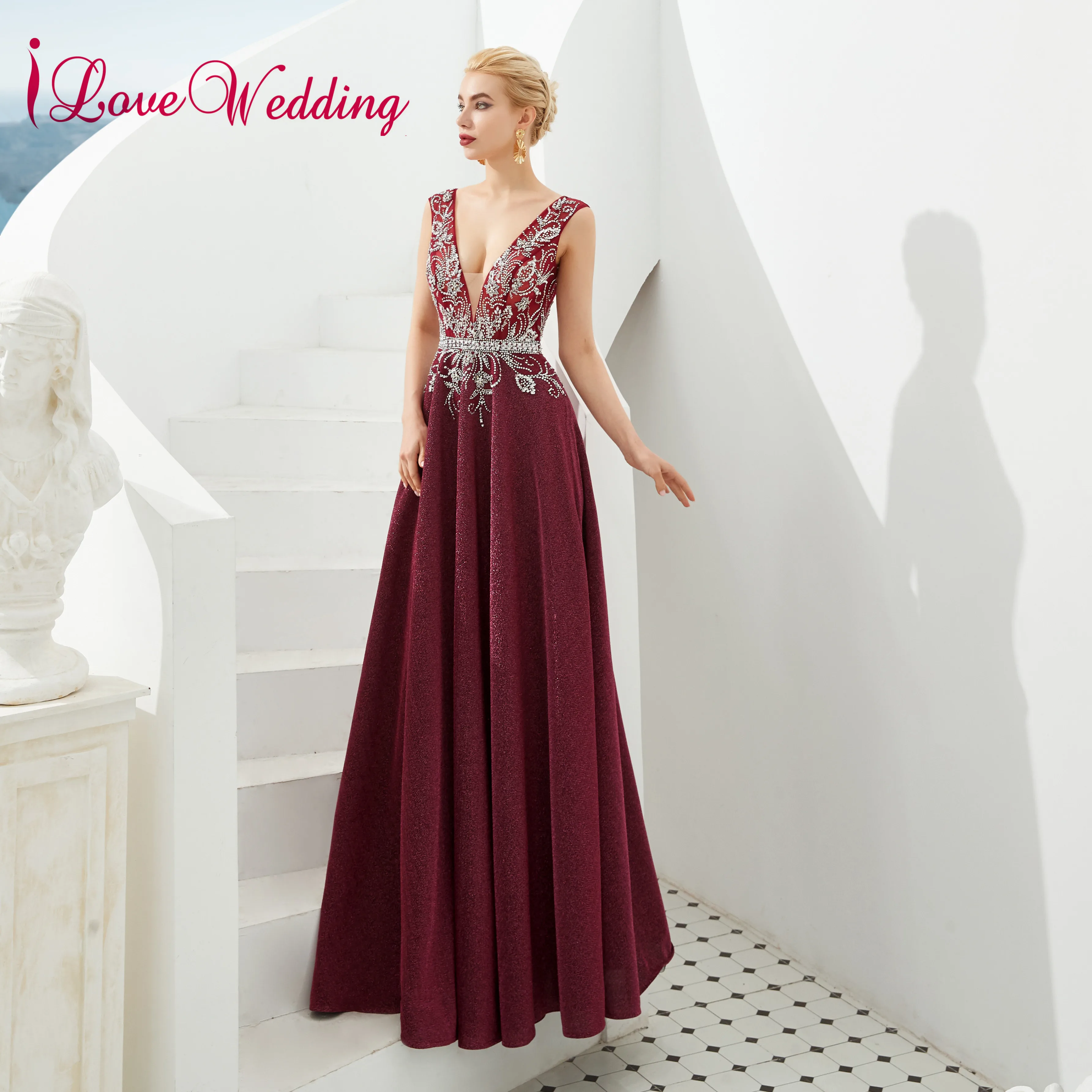 

Formal Dress Sexy V Neck Delicate Beaded Evening Gown Sleeveless A Line Wine Red Open Back Evening Dresses Long