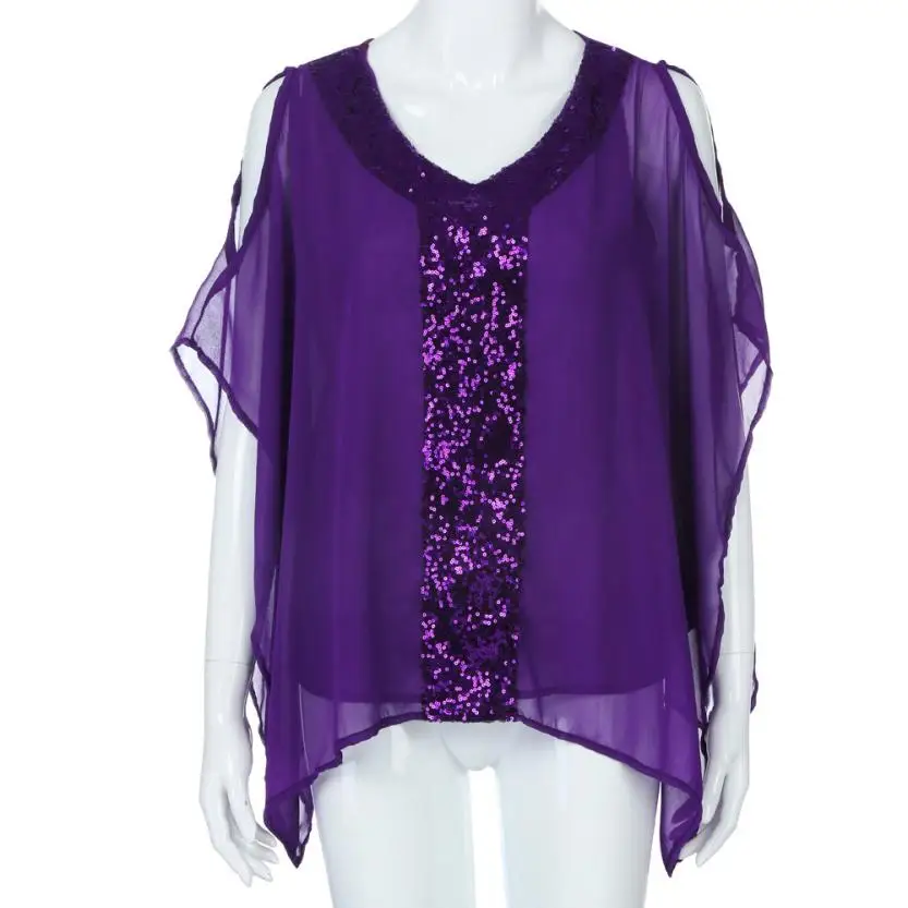 2018 New Fashion Popular  Summer Womens Plus Size Casual Comfortable Strapless Sequins Bling Blouse V-Neck Chiffon Tops