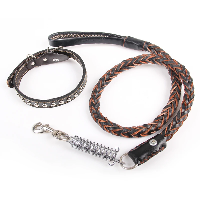 Leather Braided Dog Collar Leash Sets for Training Walking,Rivets Red