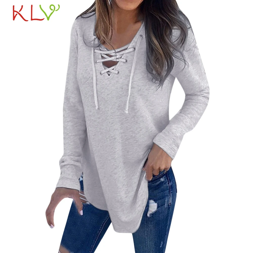 

Women Top Plus Size V Neck Strap Casual Loose Modis 2018 Long Sleeve New T-shirt Fashion Female T-shirt 18Nov6