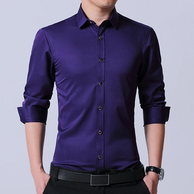 

New Men's Regular-fit Long Sleeve Stretch Easy Care Shirt Formal Business Office Chemise Homme Casual Solid Color Dress Shirts