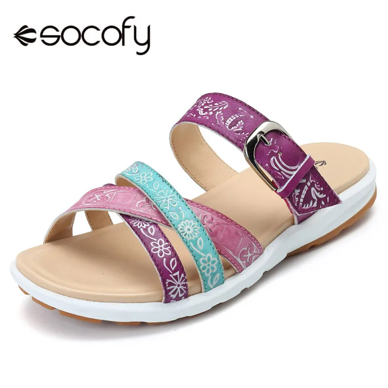 

Socofy Genuine Leather Slippers Women Shoes Adjustable Buckle Mixed Color Vintage Printed Summer Shoes Beach Slippers Slides New