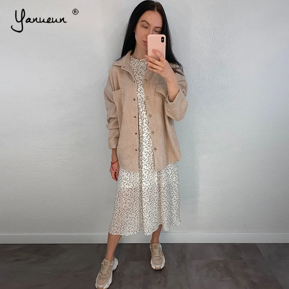 Yanueun, Стильная однотонная блузка с длинными рукавами, весна-осень, вельветовые свободные блузы с отложным воротником и карманами на пуговицах