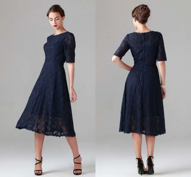 Navy Blue Short Sleeves Lace Mother Of The Bride Dress Tea Length Navy Blue Short Sleeves Lace Mother Of The Bride Dress Tea Length