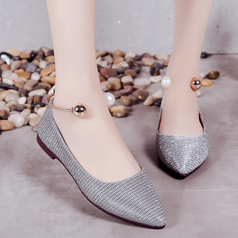 Printemps Métal Perle Paillettes Or 66h70 Chaussures Femmes argent À Sangle Ballet Plates Femme Appartements Tissu Cheville Dames Pointu En Bout rtqrpB