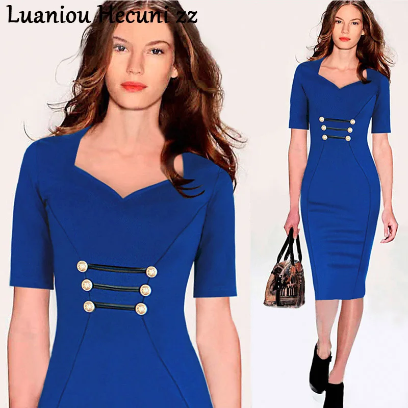 

Chu Ni Summer V Neck Work Dress Women Button Royal Blue Casual Dress Evening Party Pencil Dress Only One 2XL Free Shipping CN01