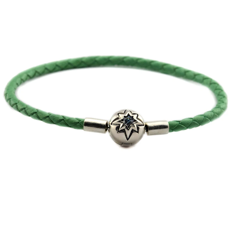 

100% 925 Sterling-Silver-Jewelry Green Clasp Leather Bracelets Free Shipping