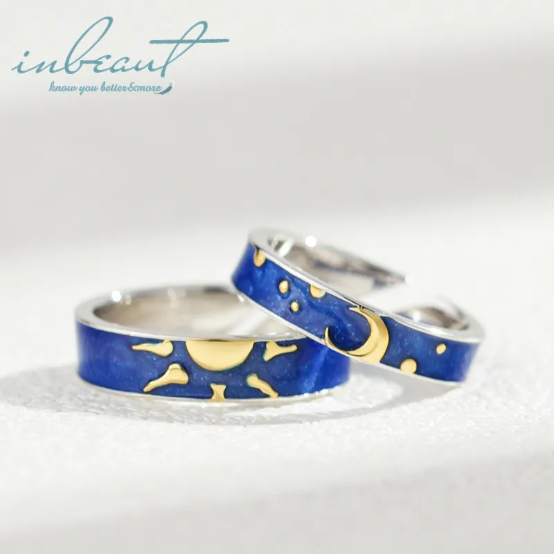 

inbeaut Silver Moon&Sun Couple Rings 925 Gold Blue Enamel Miss You Day&Night Star Ring for Women Engagement Jewelry Female Gift