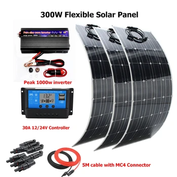 

300W Solar System Kit for Beginner Flexible Solar Panel with 30A Controller and 1000W Pure Sine Inverter For 12V Battery Charger