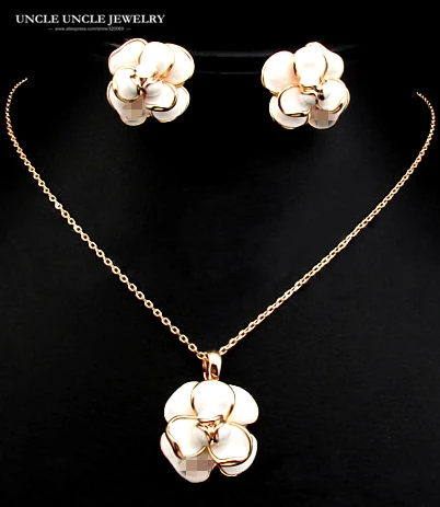 

Brand Design Rose Gold Color Enamel Craft White Flower Style Woman Jewelry Set Necklace/Earrings Wholesale Christimas Gifts