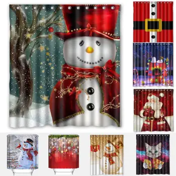 

Stylish Merry Christmas Bathroom Shower Curtain Waterproof With Hooks Xmas Snowman Santa Curtains 160x180cm