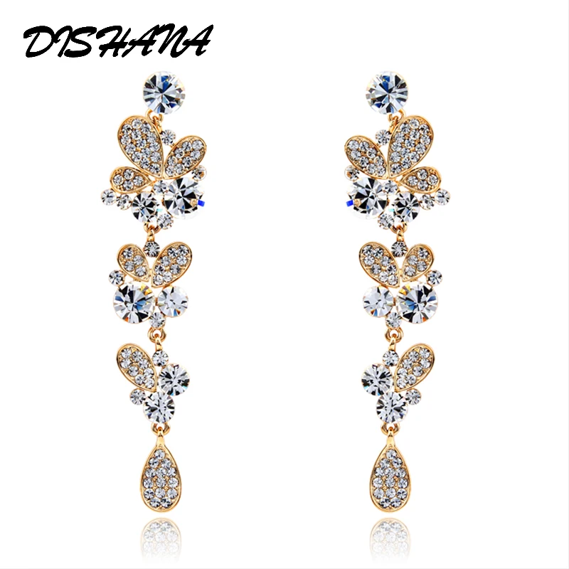 

New gold -color Austrian Rhinestones Flower The butterfly Brand Crystal Dangle Drop Earrings(E0087)