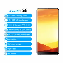 Vkworld S8 5.99″ FHD+ 18:9 in-cell Mobile Phone Android 7.0 MTK6750T Octa Core 4GB RAM 64GB ROM 16MP Dual camera 4G Smartphone