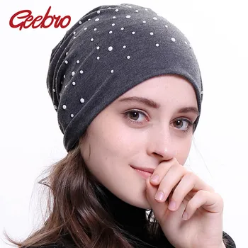 

Geebro Brand Women's Beanie Hat Autumn Casual White Pearl Dot Slouchy Beanie for Women Female Polyester Plain Skullies Beanies