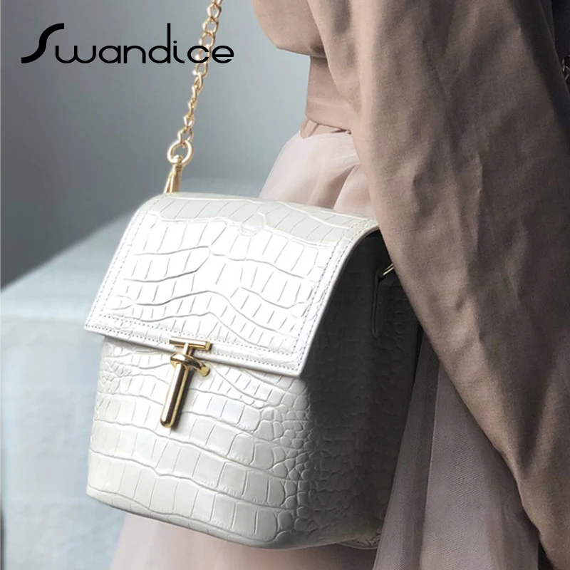 

100% Real Genuine Natural Cow Leather Vintage Latc Chain Crocodile Bucket Crossbody Messenger Shoulder Bags Women Female Handbag