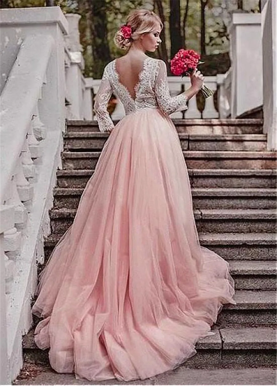 Романтическое Тюлевое свадебное платье трапециевидной формы с v-образным вырезом, длинными рукавами и кружевными аппликациями, розовое свадебное платье