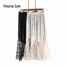 Young Gee Весна Повседневная кружевная Цветочная Лоскутная бархатная юбка до середины икры элегантная офисная Дамская Русалка эластичная юбка с высокой талией saias