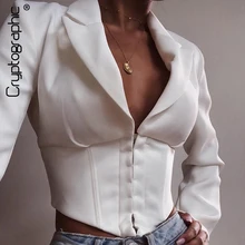 Cryptographic Women White Blazer and Jackets Elegant Long Sleeve Notched Short Office Single Breasted Ladies Blazer Streetwear