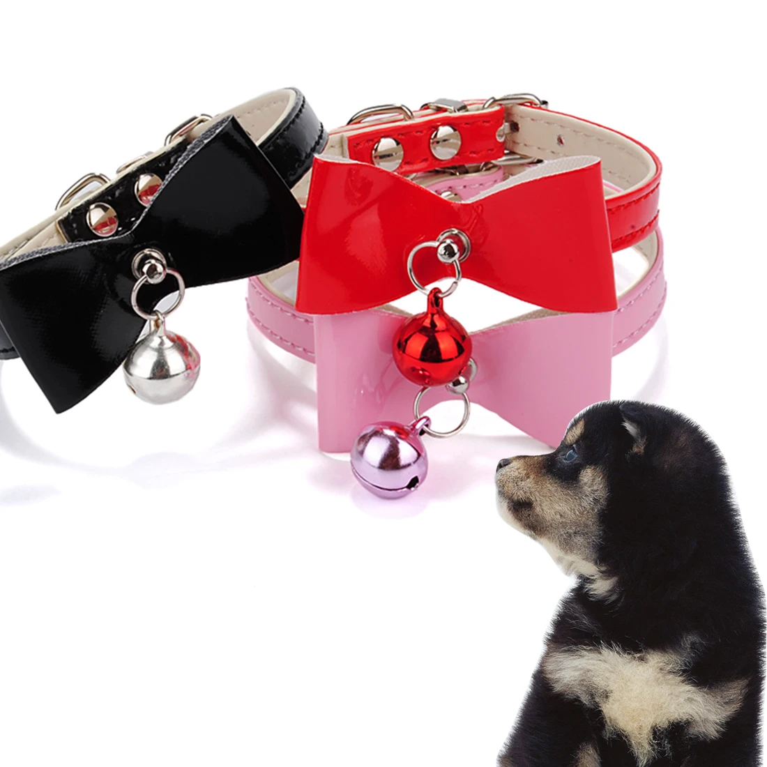 Adjustable Pu Leather Dog Collars Pet Collars With Bowknot Bells Charm