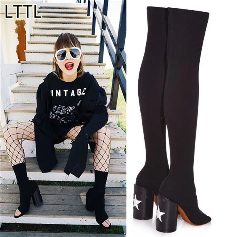 

2017 New Genuine Leather Stretch Fabric Boots Women Fish Mouth High-heeled Boots Women Thick Heels Shoes T-heel Shoes