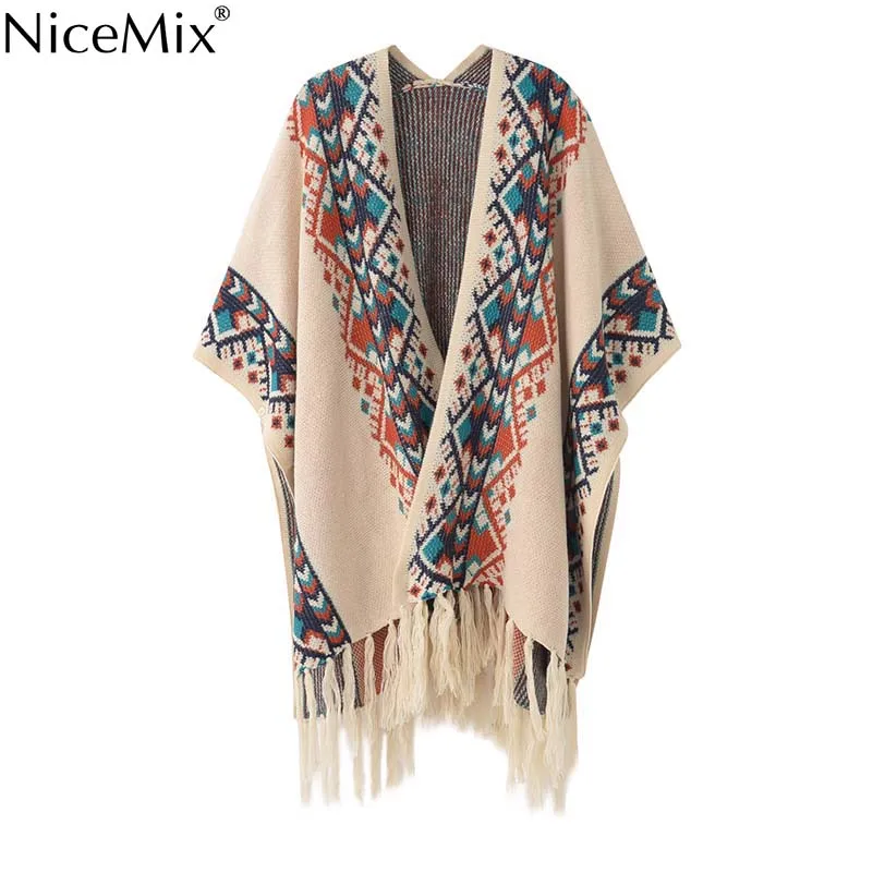 NiceMix осенний женский свитер кардиган пончо накидка плюс размер женские пальто с кисточками винтажные женские кардиганы Feminino