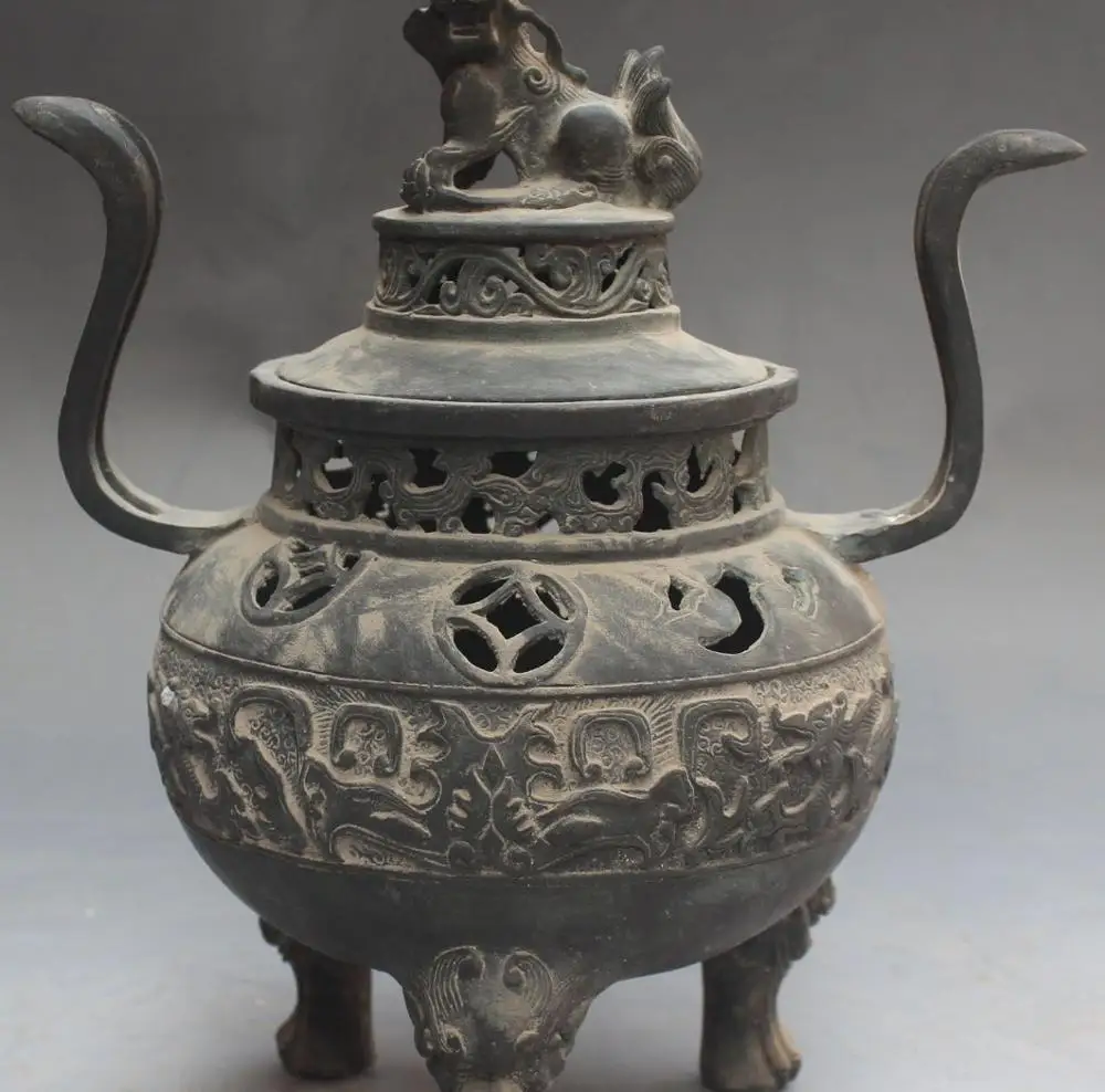 

11" Marked China Tibet Buddhism Copper Dragon Lion Foo Fu Dog Incense Burner