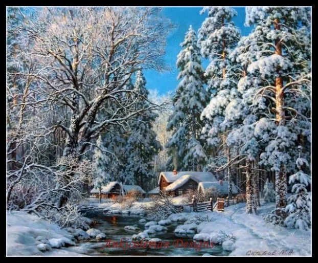 

Needlework Crafts Full Embroidery Cotton threads DIY French DMC Counted Cross Stitch Kits 14 ct Oil painting Winter Forest Creek