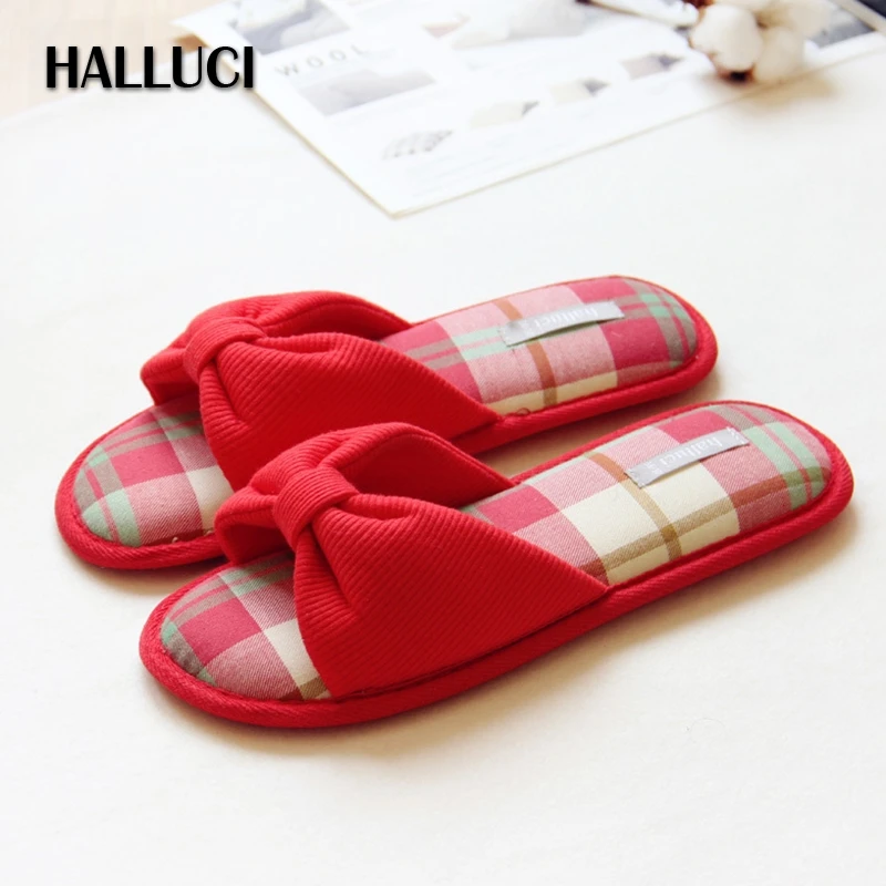 

HALLUCI British style peep toe home slippers shoes woman slides bowknot sapato feminino slipper women cotoon indoor shoes