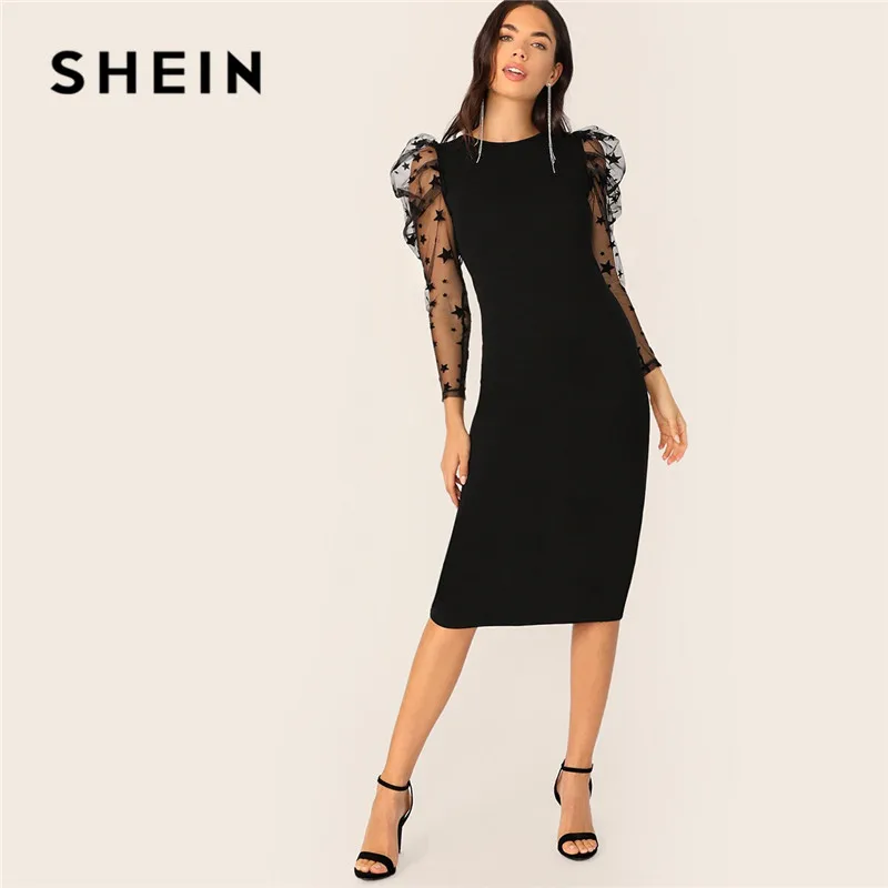 

SHEIN Star Print Mesh Puff Sleeve Slip Hem Bodycon Dress Women Black Long Sleeve Elegant Dress Slim Round Neck Party Dress