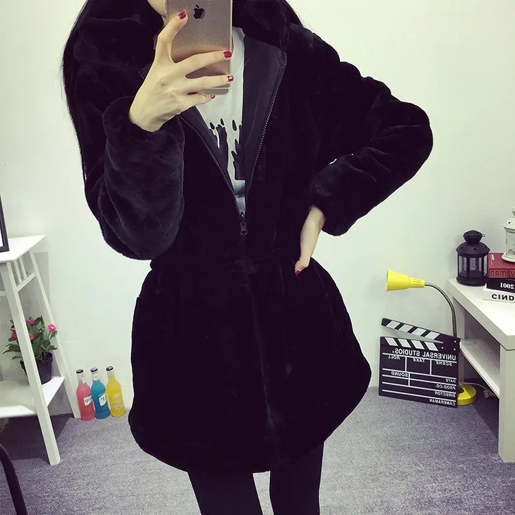 Женское пальто из искусственного меха, повседневное приталенное зимнее длинное пальто из искусственной норки с капюшоном, черное однотонное пальто, Толстая теплая верхняя одежда DX635