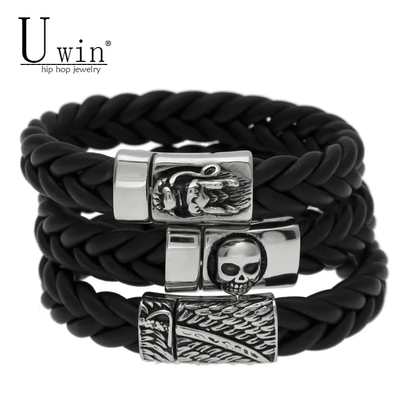 

UWIN Mens Genuine Leather Bracelet Vintage 316L Stainless Steel Skull Skeleton Braided Leather Male Punk Cuff Bracelets Bangles