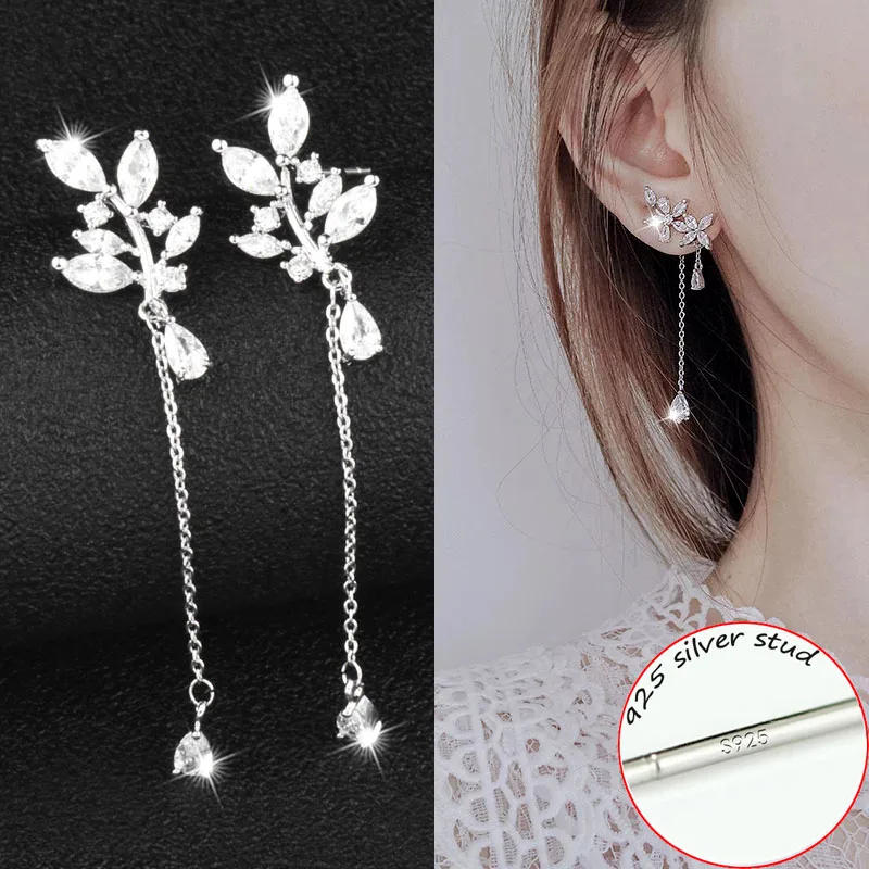 

SINLEERY Elegant Crystal Leaf Flower Long Drop Earrings Hanging For Women Bridal Wedding Party Jewelry Silver Color ES129 SSB