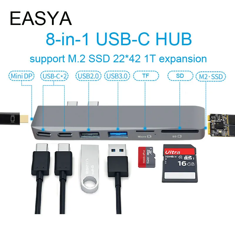 

EASYA USB C Hub to Mini Display Adapter support SSD expansion 5K 60hz with PD/Data TF SD Reader Slot USB 2.0/3.0 for MacBook Pro