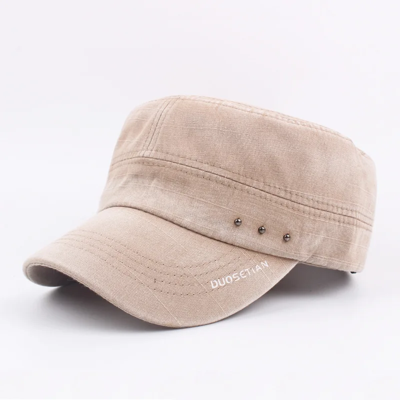 Cotton Denim Flat Cap Men Summer Washed Baseball Cap Army Dad Hat Snapback Bone Male Retro Casual Letter Flat Top Sun Hats - Цвет: Khaki