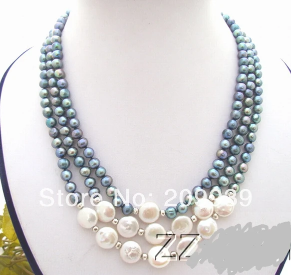 

huij 003521 3Strds Black&White Coin Pearl Necklace