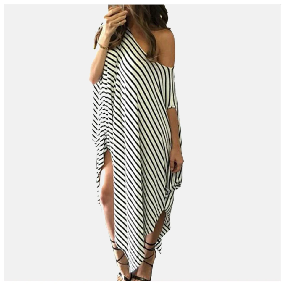 

Thigh Split Dress Women Plus Size 100kg Robe Femme Ete 2019 Irregularly Knitted Dress One Shoulder Sukienka Black White Striped