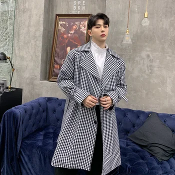

Men Vintage Fashion Plaid Trench Coat Japan Harajuku Streetwear Male Loose Casual Long Cardigan Windbreaker Jacket Overcoat