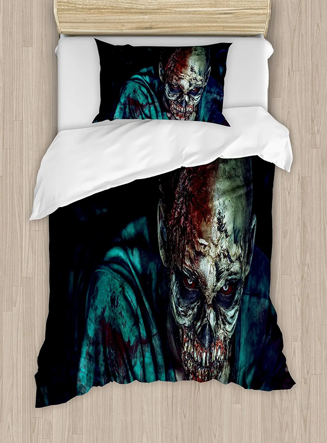 

Zombie Duvet Cover Set Man Shot in Head with Bloody Details Fearful Monster Design Vampire Fantasy Print 4 Piece Bedding Set