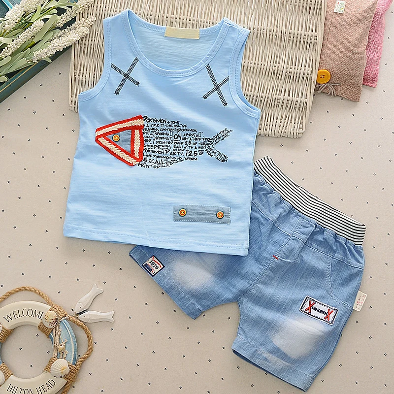 

Free Shipping 2017 new style Summer Baby clothes Boy Kids Cartoon Vest + Denim Shorts Two Pieces 9M-3Years old Children's set