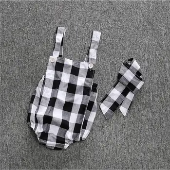 

Baby rompers set for summer headbands infant girl Newborn baby clothes plaid cotton suspenders sleeveless rompers suits Coverall