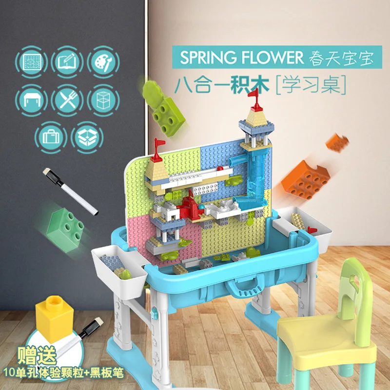 

Kids Building Blocks Table with Chair Early Learning Toys Study Desk Birthday Gift Mainan Legoing Duplo Compatible