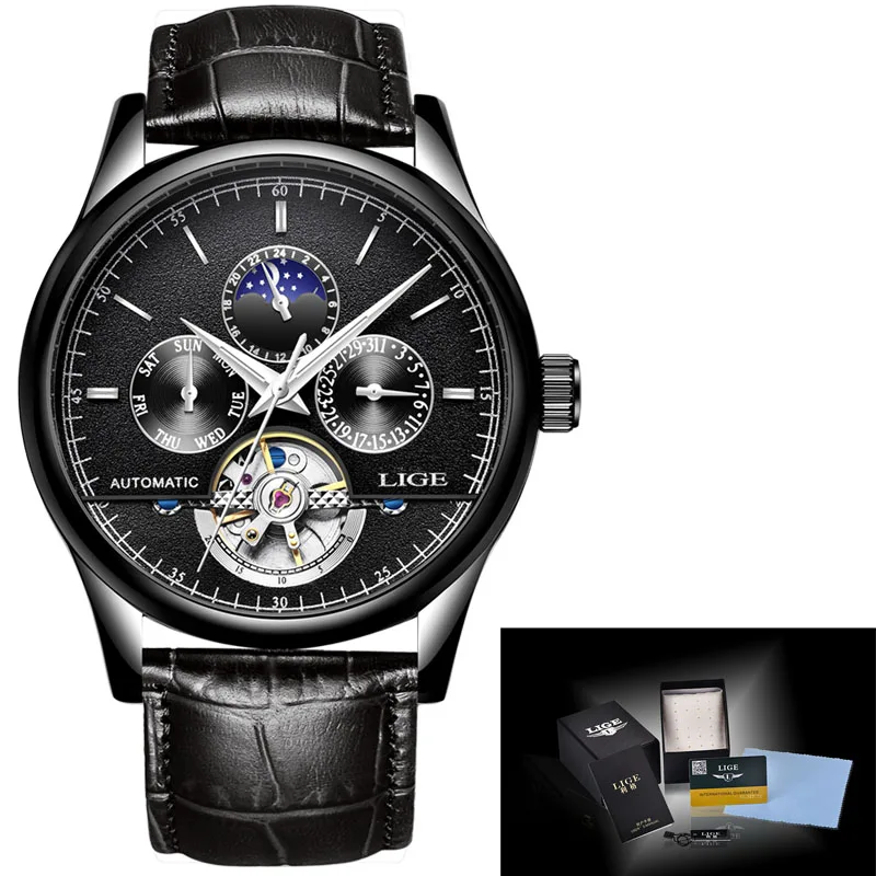 Relogio Masculino LIGE спортивные мужские s часы лучший бренд класса люкс автоматические часы мужские кожаные водонепроницаемые часы Неделя часы Reloj Hombre - Цвет: Black silver L